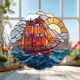 Sailing Ship Acrylic Suncatcher, Ocean Waves and Sunset Window Hanging, Nautical Art Decor, Maritime Acrylic Gift for Sea Lovers